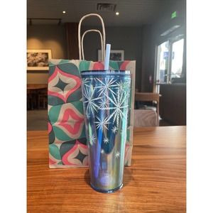 NWT Starbucks 2023 Holiday Blue Holographic Winter Falling Snowflakes Tumbler
